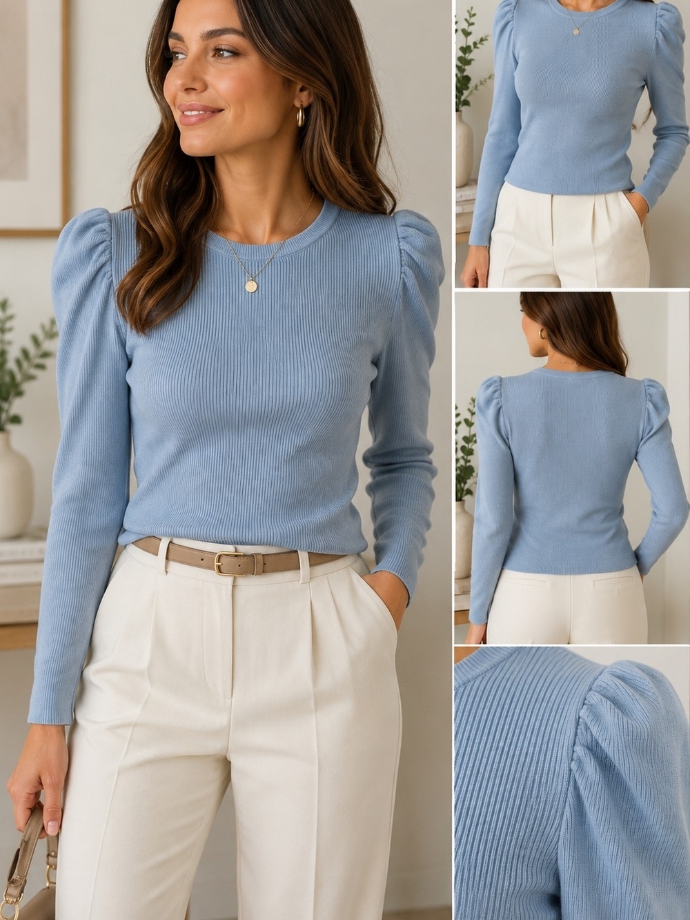 NWT Catherine Malandrino Light Blue Rib Knit Puff Sleeve Sweater Size XS